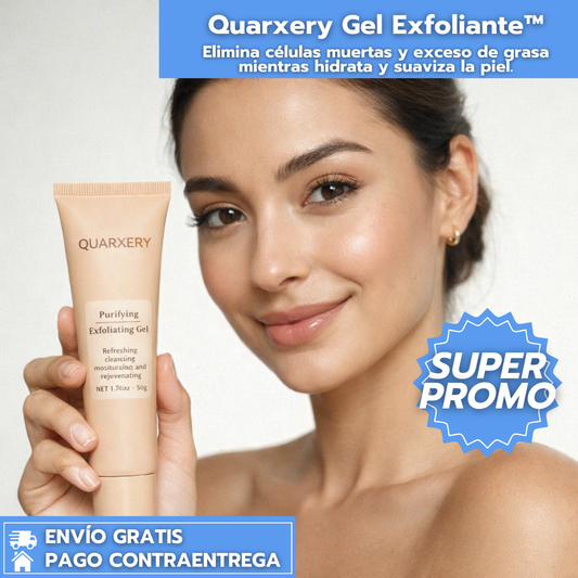 Quarxery Gel Exfoliante™: Elimina células muertas y exceso de grasa mientras hidrata y suaviza la piel.