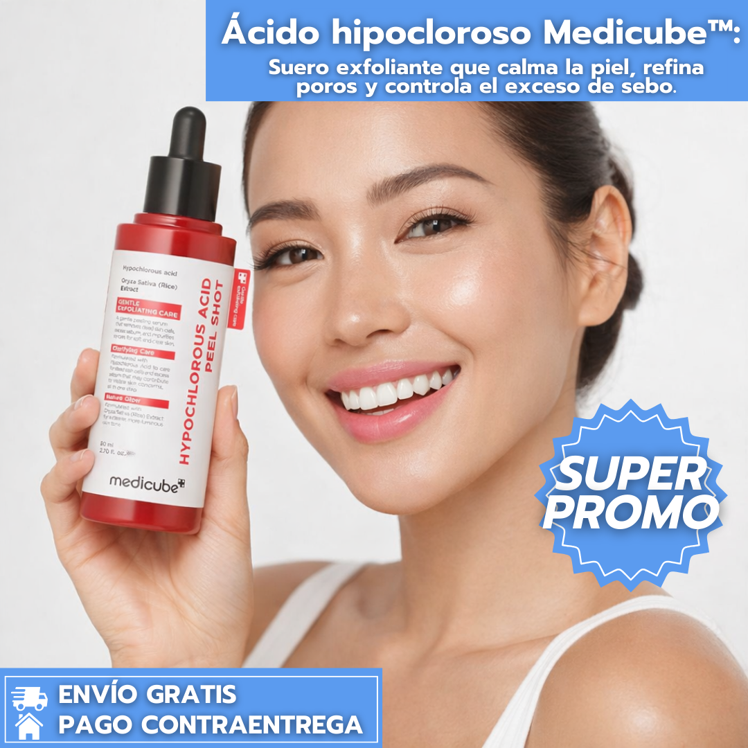 Ácido hipocloroso Medicube™:  Suero exfoliante suave con ácido hipocloroso y extracto de arroz que calma la piel, refina poros y controla el exceso de sebo.