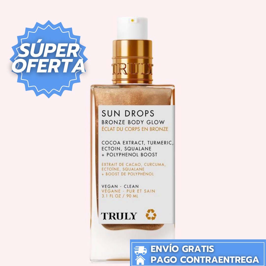 Truly Sun Drops Bronze Body Glow™: Brillo corporal hidratante que deja la piel suave, luminosa y radiante con un acabado sedoso.