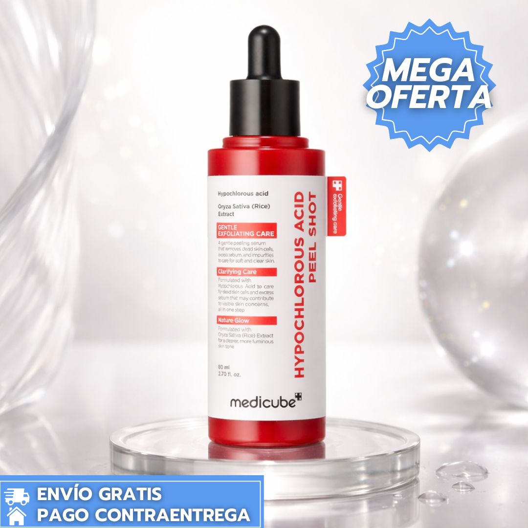 Ácido hipocloroso Medicube™:  Suero exfoliante suave con ácido hipocloroso y extracto de arroz que calma la piel, refina poros y controla el exceso de sebo.
