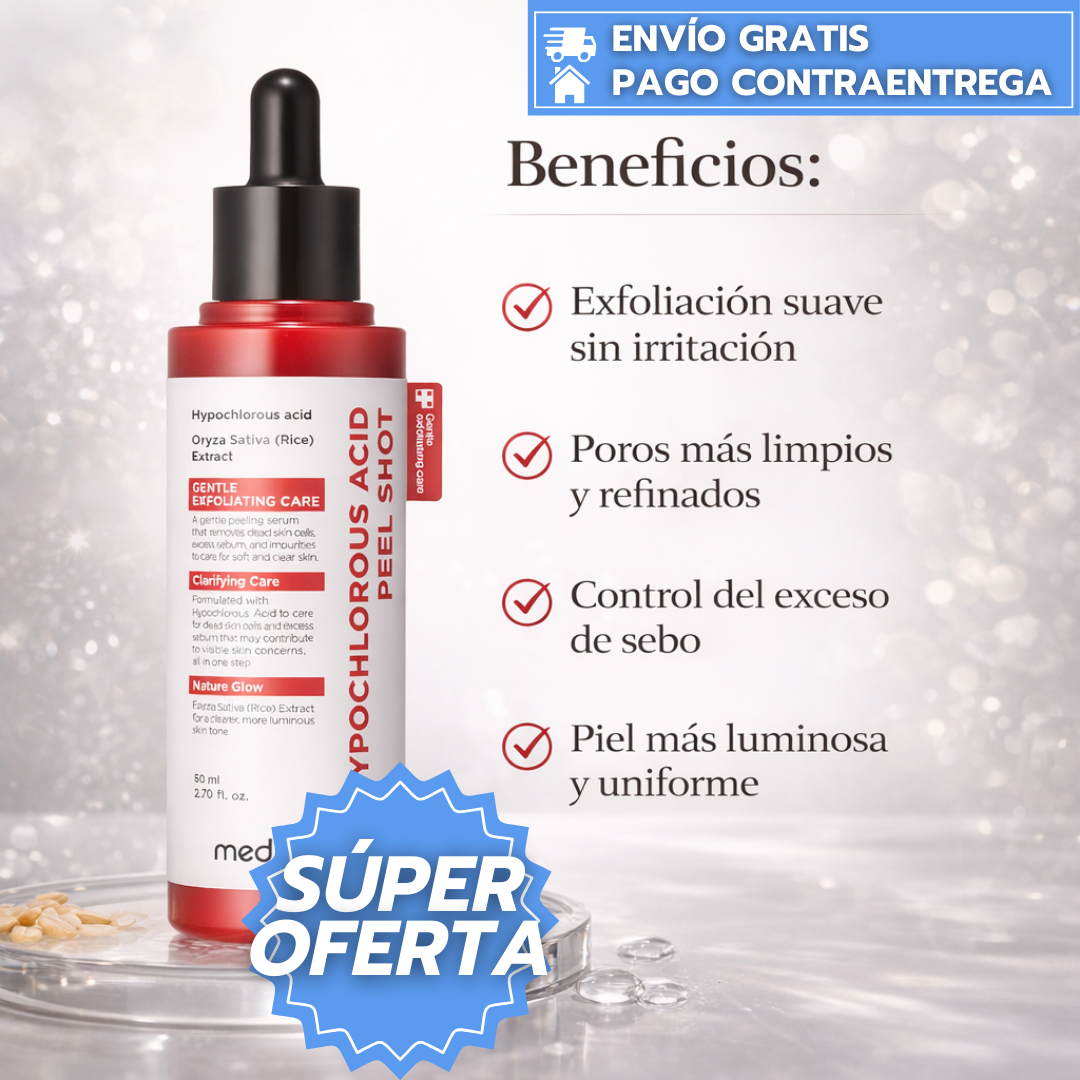 Ácido hipocloroso Medicube™:  Suero exfoliante suave con ácido hipocloroso y extracto de arroz que calma la piel, refina poros y controla el exceso de sebo.